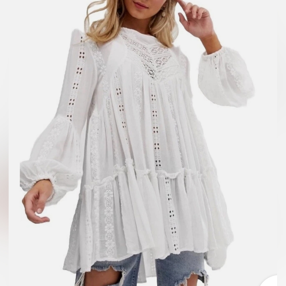 Free People Kiss Kiss Lace Inset White Tunic Size S Boho Cottagecore Romantic